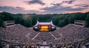 Waldbühne Berlin amphitheater surrounded by trees, hosting concerts and cultural events in Berlin, Germany.